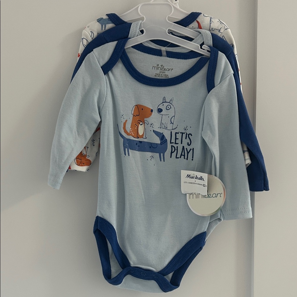 Minibean Puppy Blue and White Kids Onesies 3 pieces 3-6 months new with tags
